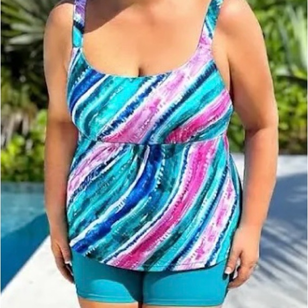 Kim Gravel x Swimsuits Scoop Neck Tankini w/Bike Short Rainbow Stripe